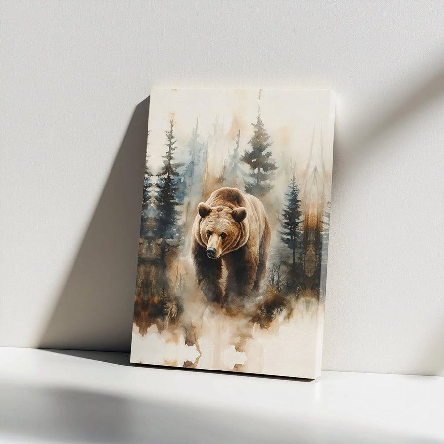 Grizzly Bear Canvas Wall Art | Watercolor Misty Forest Painting | Premium Gallery Wrap Canvas | Rustic Cabin & Lodge Decor Gift