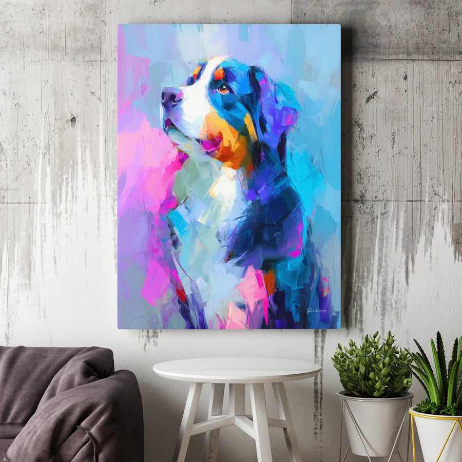 Bernese Mountain Dog Wall Art | Abstract Colorful Dog Painting Canvas | Premium Gallery Wrap Print | Unique Dog Lover Gift