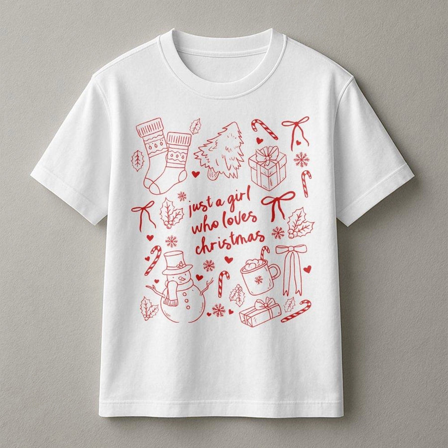 Just A Girl Who Loves Christmas T-Shirt | Coquette Aesthetic Holiday Graphic | Premium 100% Cotton Tee | Cute Gift For Her Winter Outfit