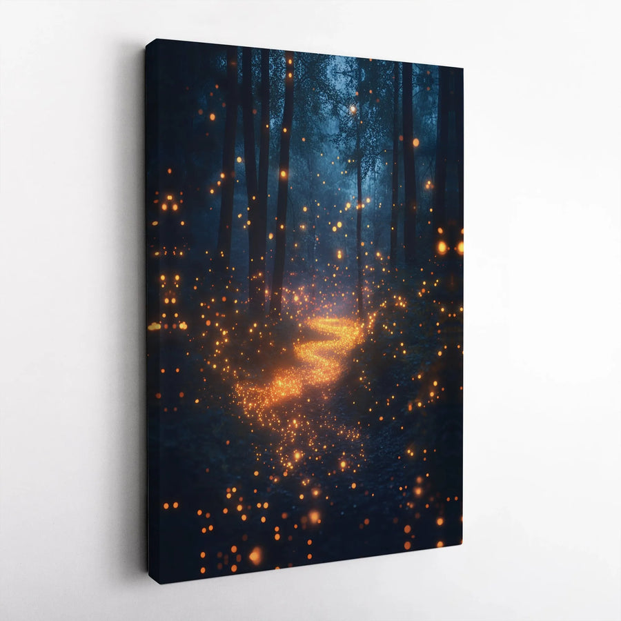 Enchanted Forest Canvas Art | Magical Glowing Fireflies Path | Premium Gallery-Wrapped Print | Whimsical Nature Wall Decor for Living Room