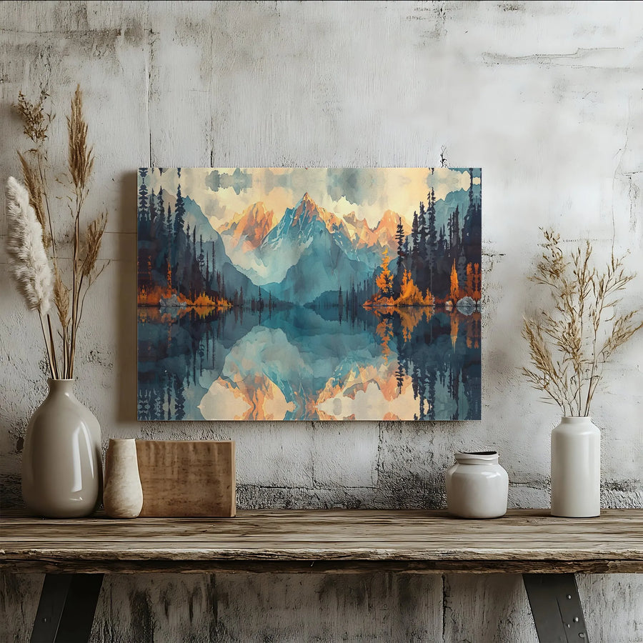 Mountain Landscape Wall Art | Watercolor Lake Reflection Canvas | Premium Gallery Wrapped Print | Modern Nature Decor for Home and Office