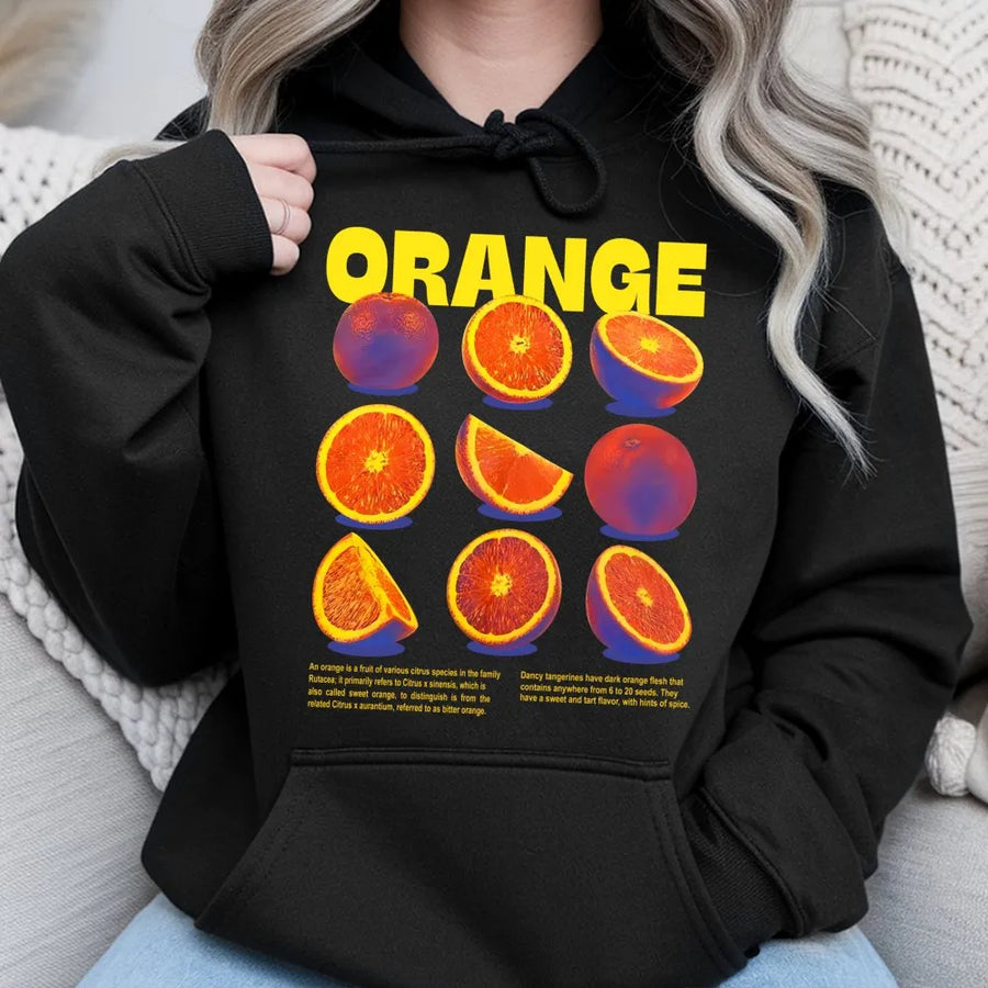 Orange Fruit Graphic Hoodie | Retro Botanical Citrus Design | Premium Cotton Blend | Aesthetic Streetwear Gift for Fruit Lovers