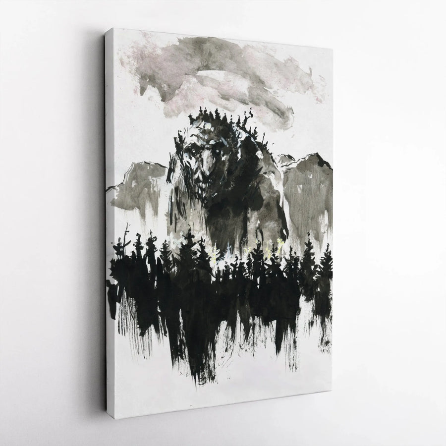 Mountain Giant Vertical Canvas | Abstract Ink Wash Style Art | Premium Gallery Wrapped Print | Collector's Gift for Dark Fantasy Home Decor
