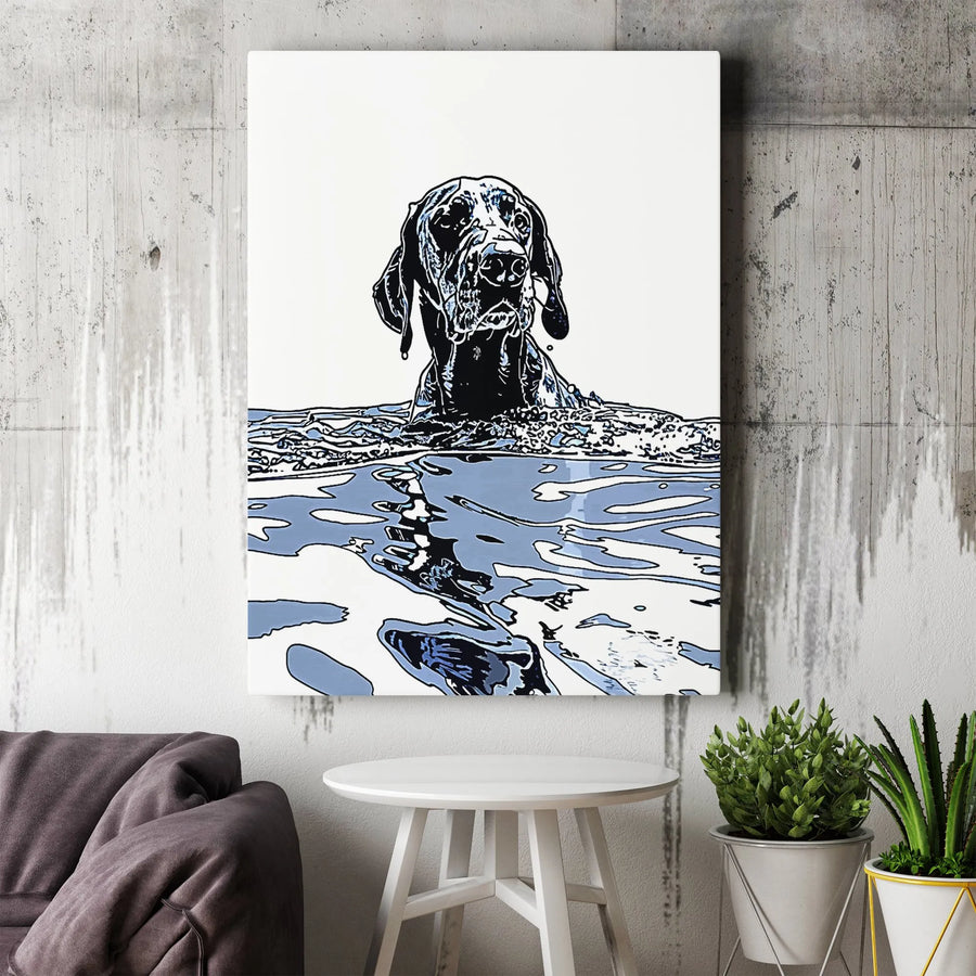 Pop Art Weimaraner Vertical Canvas | Modern Comic Style Swimming Dog | Premium Gallery Wrapped Print | Gift for Dog Lover & Home Decor