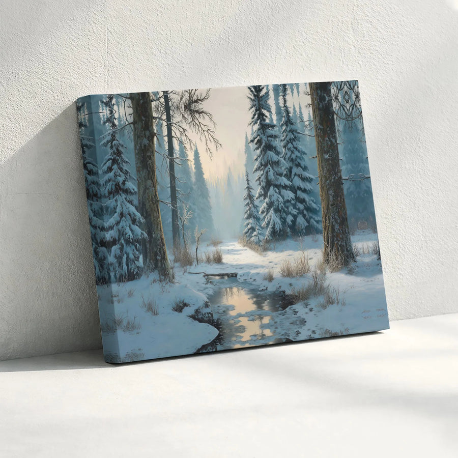 Winter Forest Canvas Print | Snowy Pine Trees & Frozen Creek Landscape | Gallery Wrapped 1.25" Profile | Serene Nature Wall Art for Home Decor
