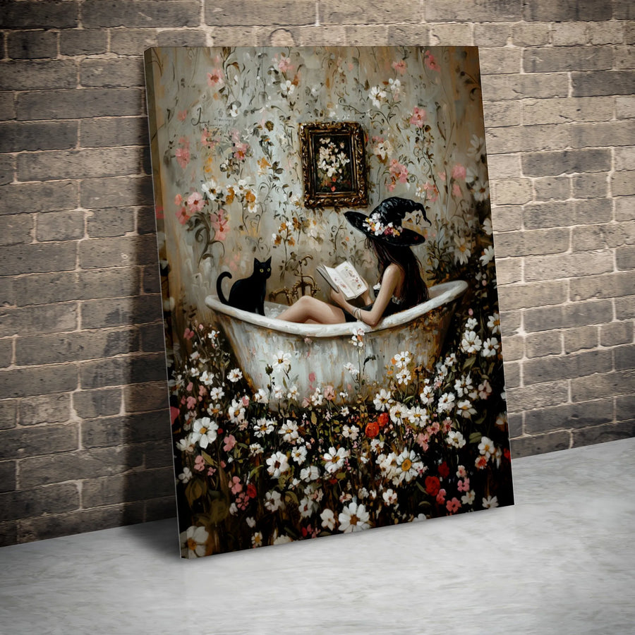 Witch Reading In Bathtub Wall Art | Whimsical Black Cat Floral Canvas Print | Premium Gallery-Wrapped Decor | Spooky Aesthetic Gift For Book Lovers