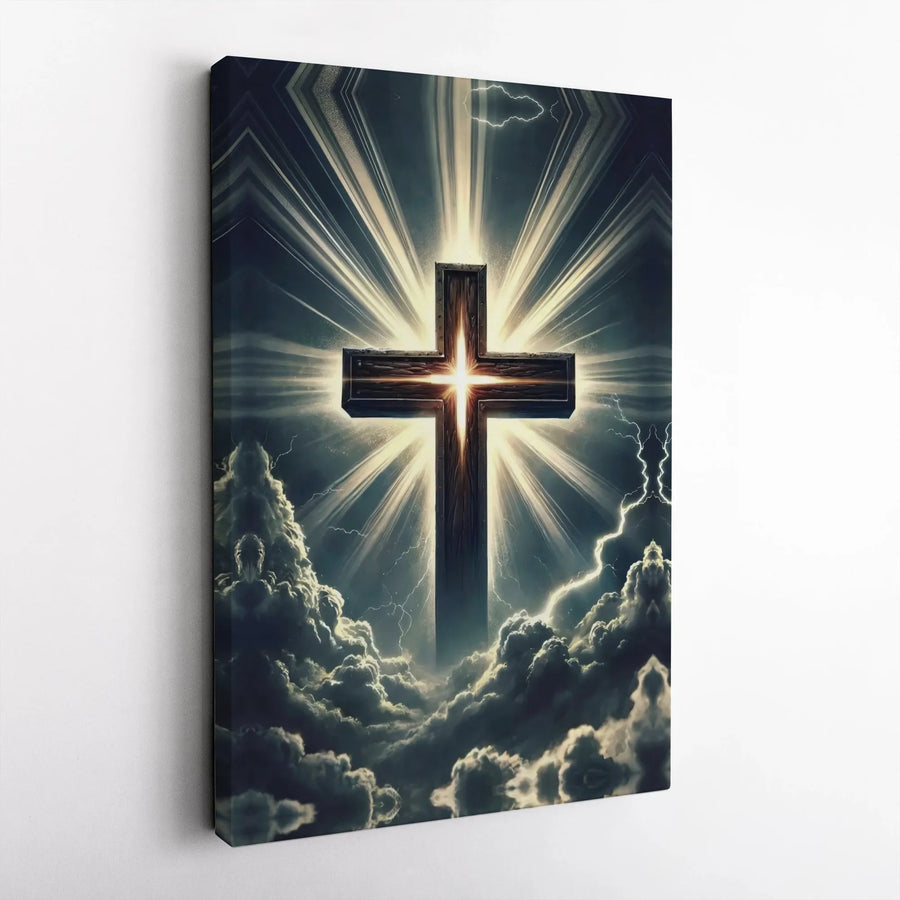 Christian Cross Wall Art | Glowing Rays of Light in Stormy Sky | Premium Thick Canvas Print | Inspirational Faith-Based Gift for Home Decor