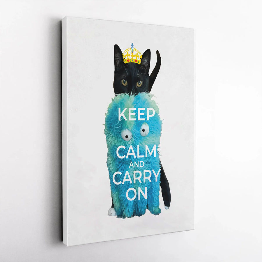 Funny Cat Keep Calm Canvas Wall Art | Black Cat with Crown & Monster Design | Premium Gallery Wrap Canvas | Humorous Home Decor Gift for Cat Lovers