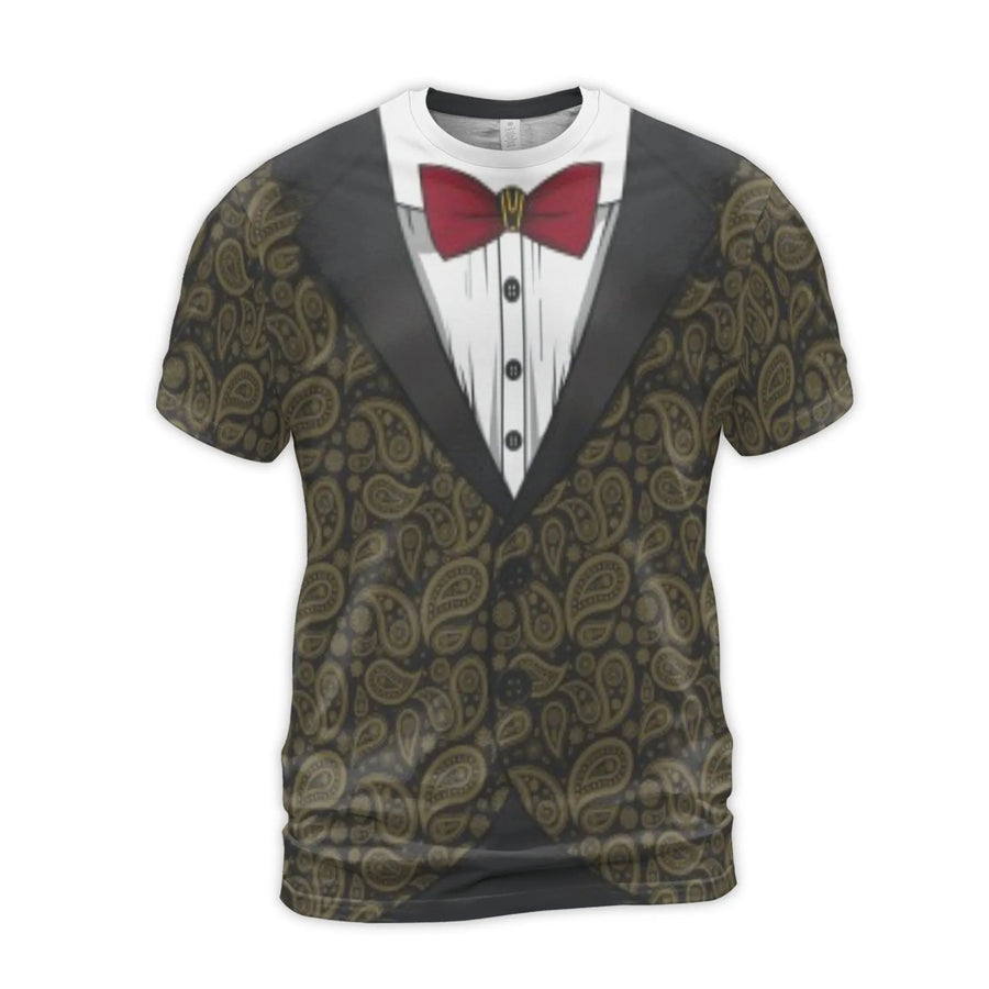 Paisley Tuxedo T-Shirt | 3D Formal Print with Red Bow Tie | Premium Polyester Spandex | Funny Costume Gift for Men
