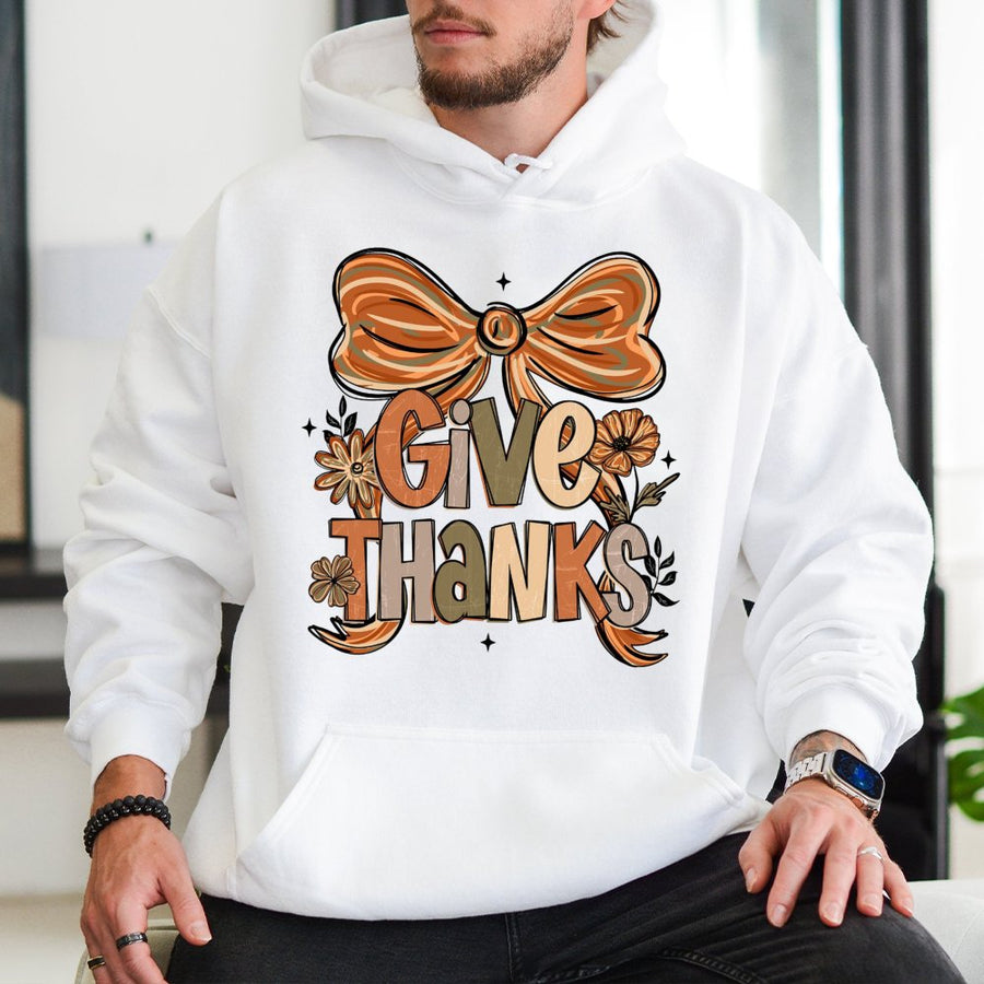Give Thanks Hoodie | Floral Bow Thanksgiving Graphic | Premium Cotton Blend Unisex Sweatshirt | Cute Fall Coquette Aesthetic Gift
