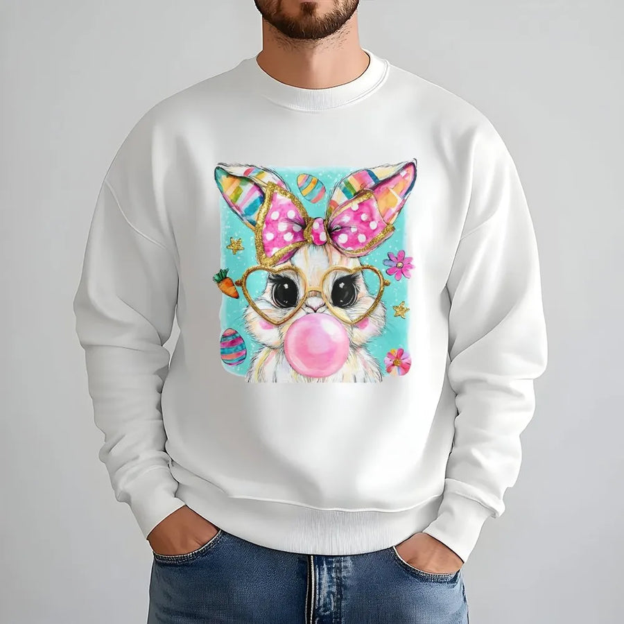 Easter Bunny Sweatshirt | Bubblegum Heart Glasses Rabbit Graphic | Premium Soft Cotton Blend | Cute Spring Gift for Women and Teens