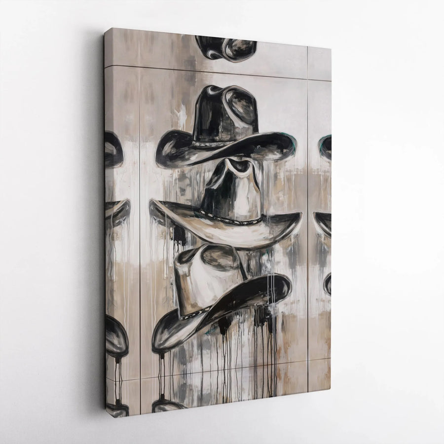 Stacked Cowboy Hat Wall Art | Abstract Western Drip Painting | Premium Gallery Wrap Canvas | Rustic Home Decor Gift for Cowgirl