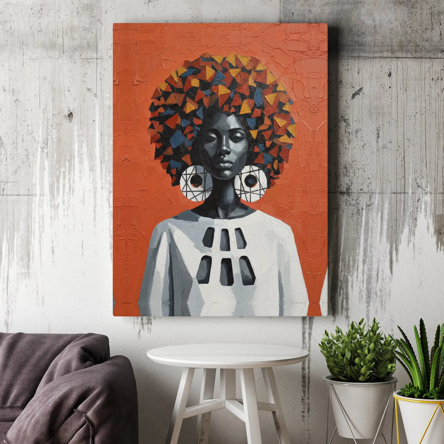 African American Wall Art | Abstract Black Woman Portrait with Geometric Afro | Premium Canvas Print | Modern Afrocentric Home Decor Gift