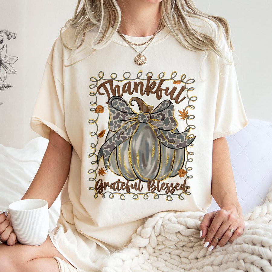Thankful Grateful Pumpkin T-Shirt | Leopard Print Bow Fall Aesthetic | Premium 100% Cotton | Thanksgiving Graphic Tee Gift For Her