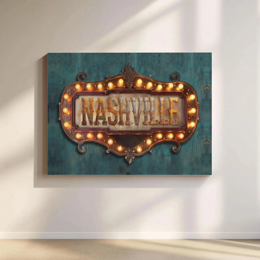 Nashville Marquee Sign Canvas Print | Vintage Neon Style Wall Art | 1.25-Inch Gallery Wrap | Industrial Home Decor Gift for Music Lovers