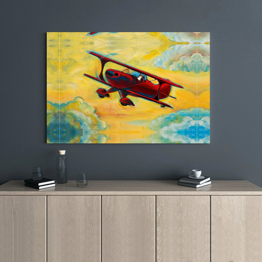 Cat Pilot Wall Art | Whimsical Biplane Painting | Premium Stretched Canvas Print | Aviation Lover Gift for Office Decor