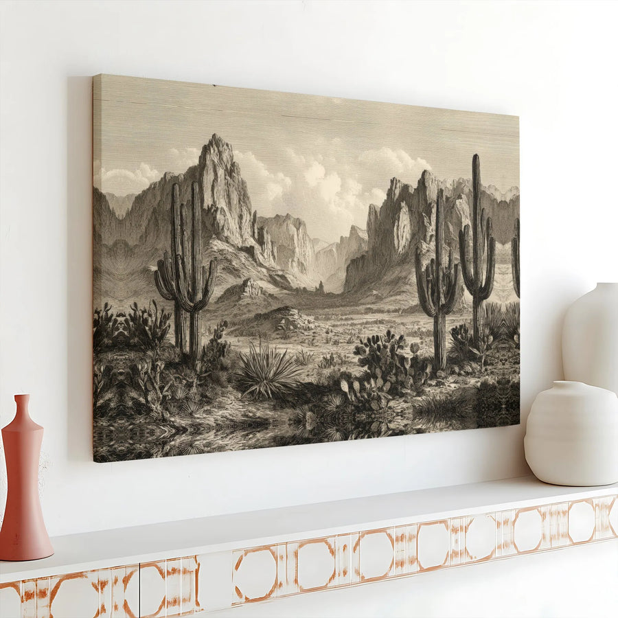 Southwestern Desert Canvas Wall Art | Vintage Saguaro Cactus Etching | Premium Gallery Wrap Print | Western Home Decor for Living Room