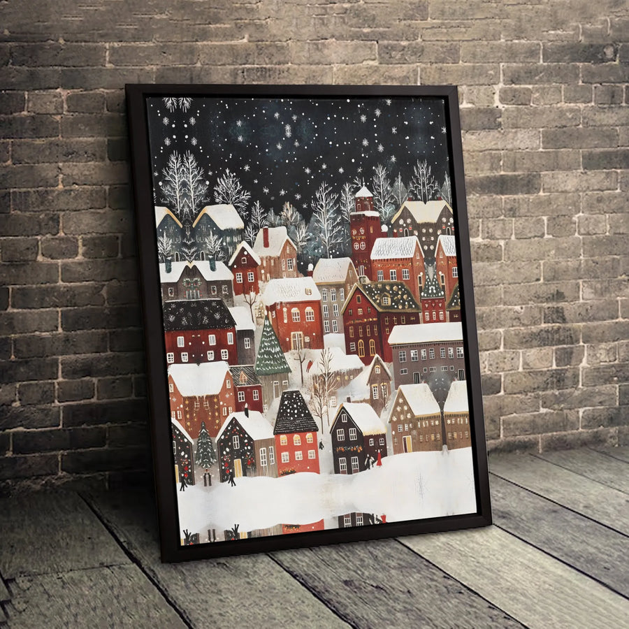 Winter Village Canvas Wall Art | Snowy Night Town Scenery | 1.25 Inch Premium Gallery Wrap | Cozy Christmas Home Decor Gift