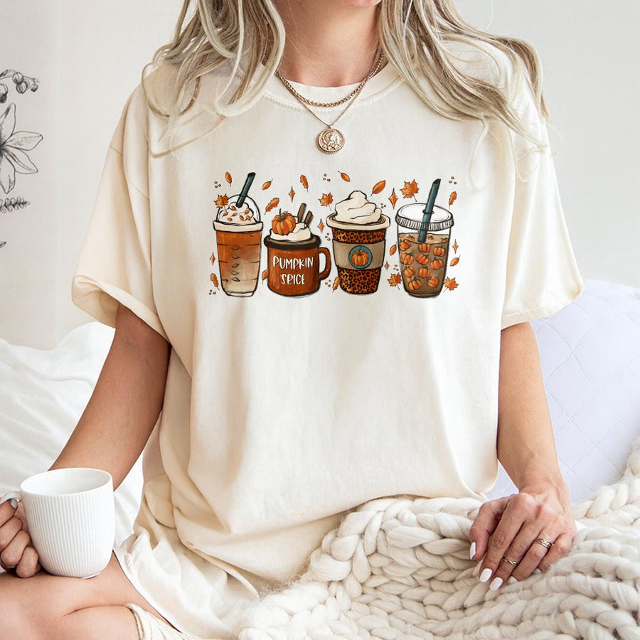 Pumpkin Spice Coffee T-Shirt | Autumn Leaves Graphic Art | 100% Soft Cotton | Cozy Fall Season Apparel Gift For Women And Coffee Lovers