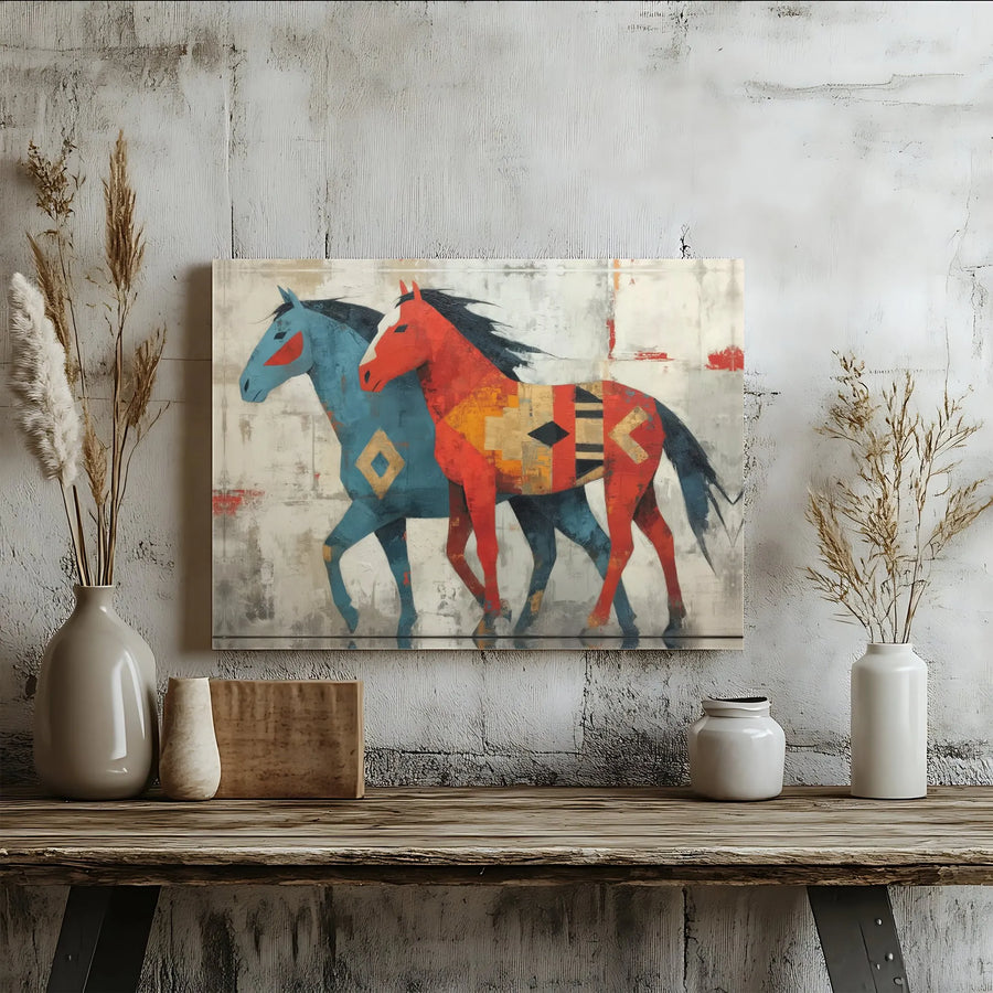 Abstract Horse Canvas Wall Art | Southwestern Geometric Dual Equine Print | 1.25" Gallery Wrap | Western Home Decor Gift