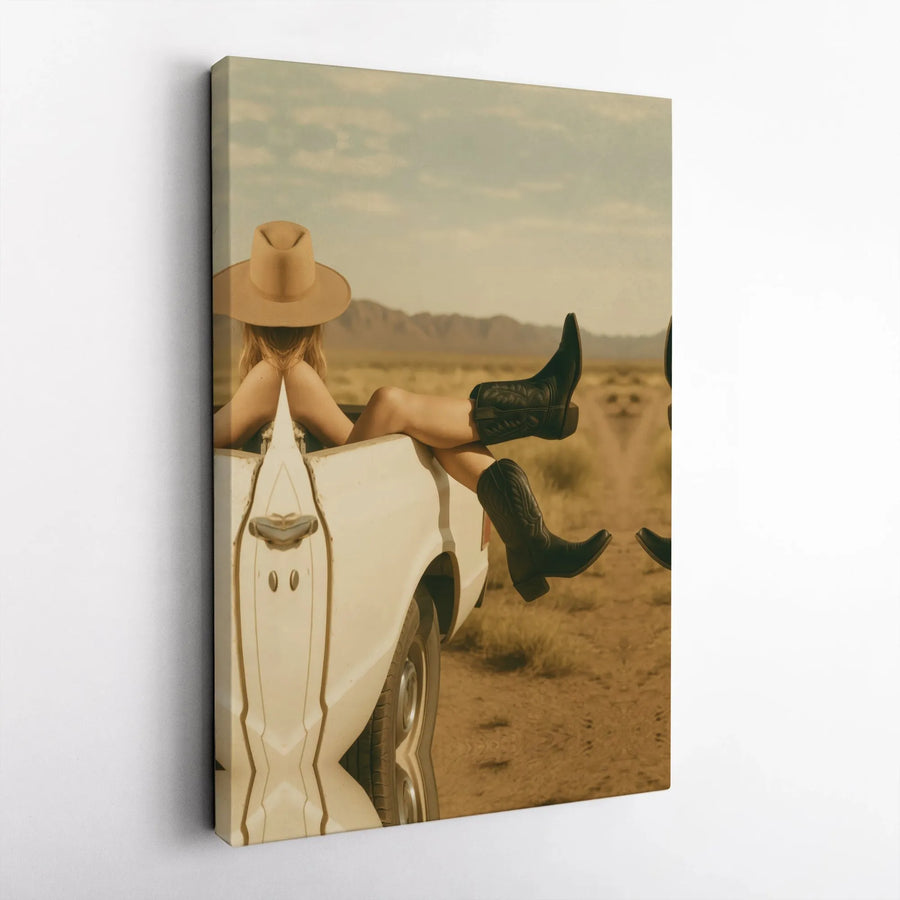 Western Cowgirl Canvas Wall Art | Boho Girl in Cowboy Boots Print | Premium Gallery Wrapped Canvas | Southern Farmhouse Decor Gift