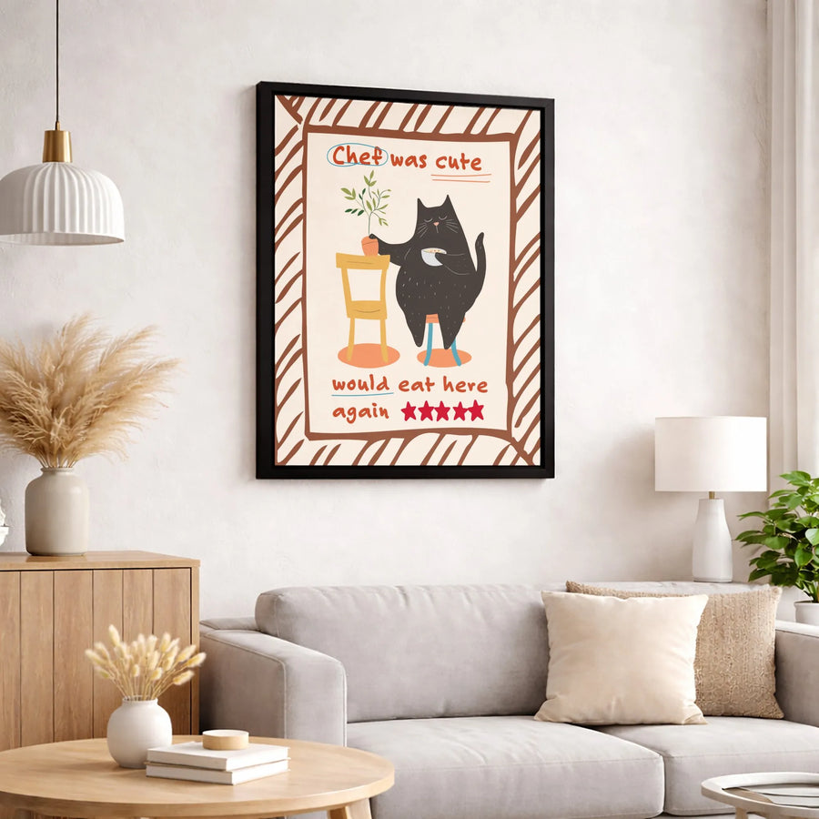 Funny Black Cat Wall Art | Chef Was Cute Would Eat Here Again Print | Premium Gallery Wrap Canvas | Whimsical Kitchen Decor Gift