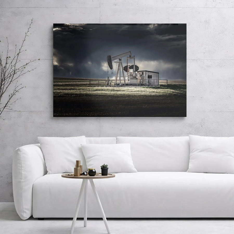 Oil Pumpjack Wall Art | Dramatic Stormy Landscape Canvas Print | Premium Gallery Wrap Decor | Industrial Farmhouse Home Office Gift