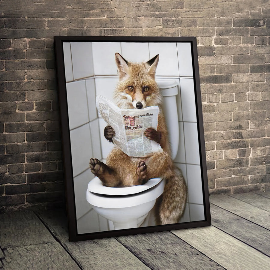 Funny Fox Reading Newspaper On Toilet | Whimsical Bathroom Wall Art | Gallery-Quality Canvas Print | Unique Humorous Gift For Men And Women