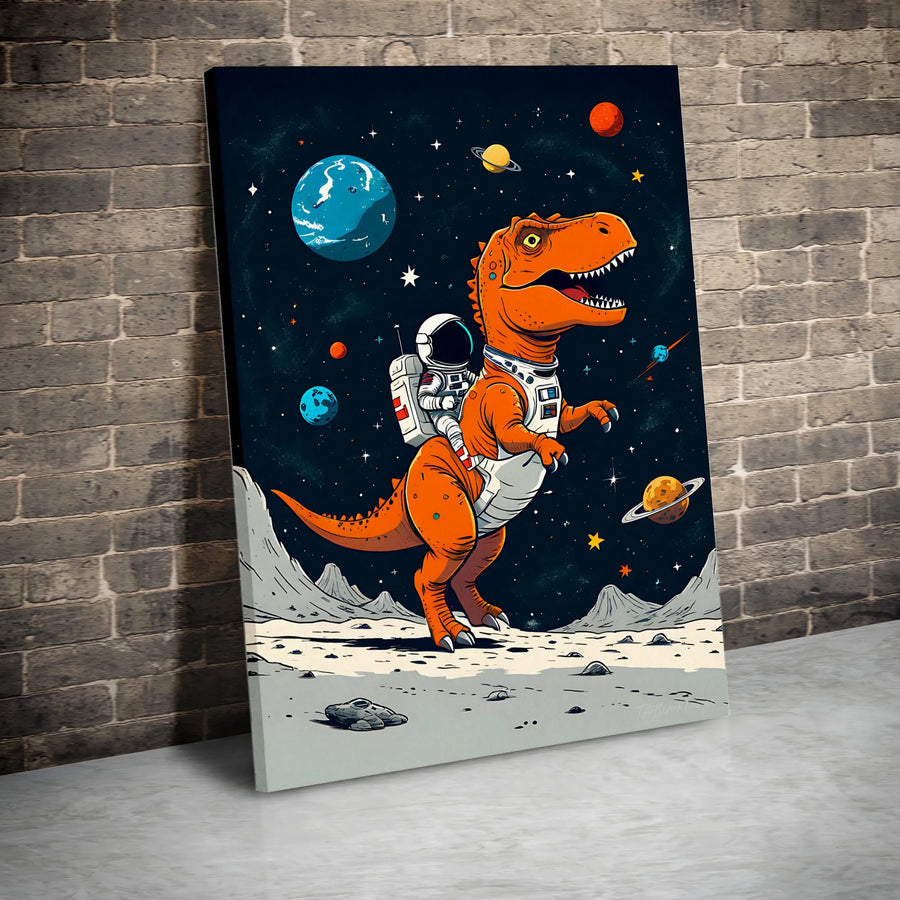 Astronaut Riding T-Rex Canvas Print | Whimsical Outer Space Scene | Premium 1.25" Thick Gallery Canvas | Unique Gift for Boys Room Decor