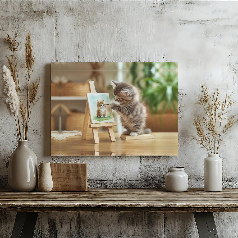 Cute Kitten Artist Wall Art | Painting Cat Print On Canvas | Premium Fade-Resistant Decor | Whimsical Animal Home Decor Gift