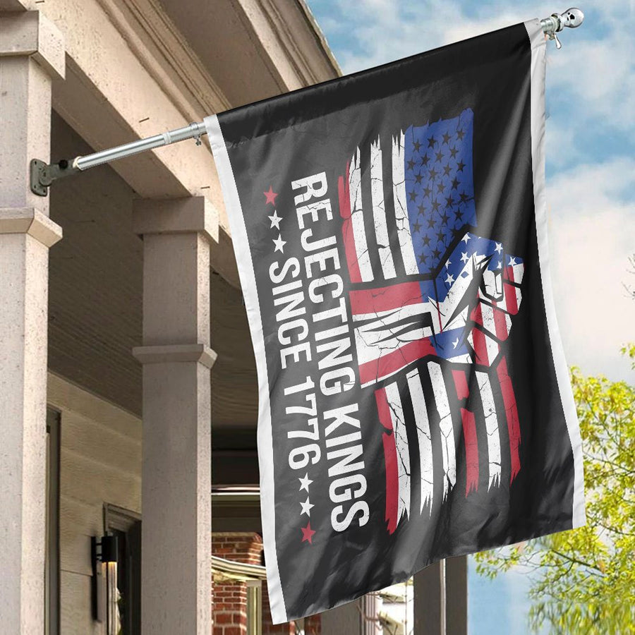 Rejecting Kings Since 1776 Flag | Patriotic American Fist House Banner | UV-Resistant 100% Polyester | Gift for History Buffs & Garden Decor
