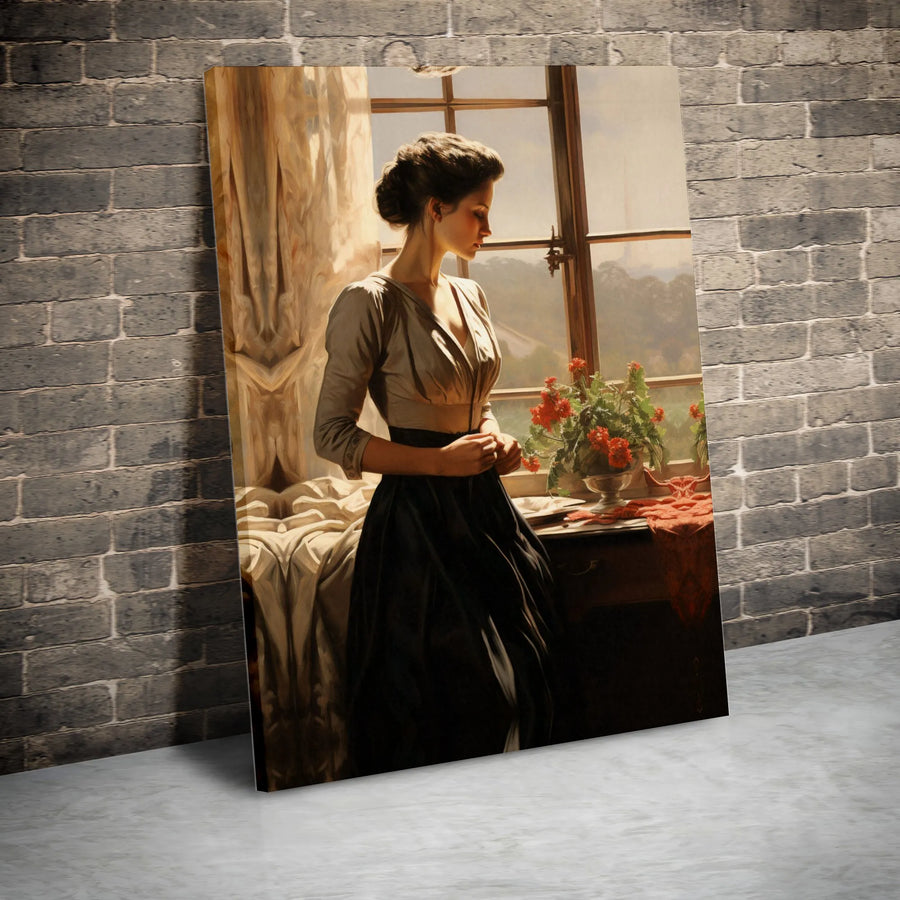 Contemplative Woman By Window Canvas | Romantic Era Portrait Wall Art | Premium Gallery Wrap Print | Elegant Home Decor Gift For Her