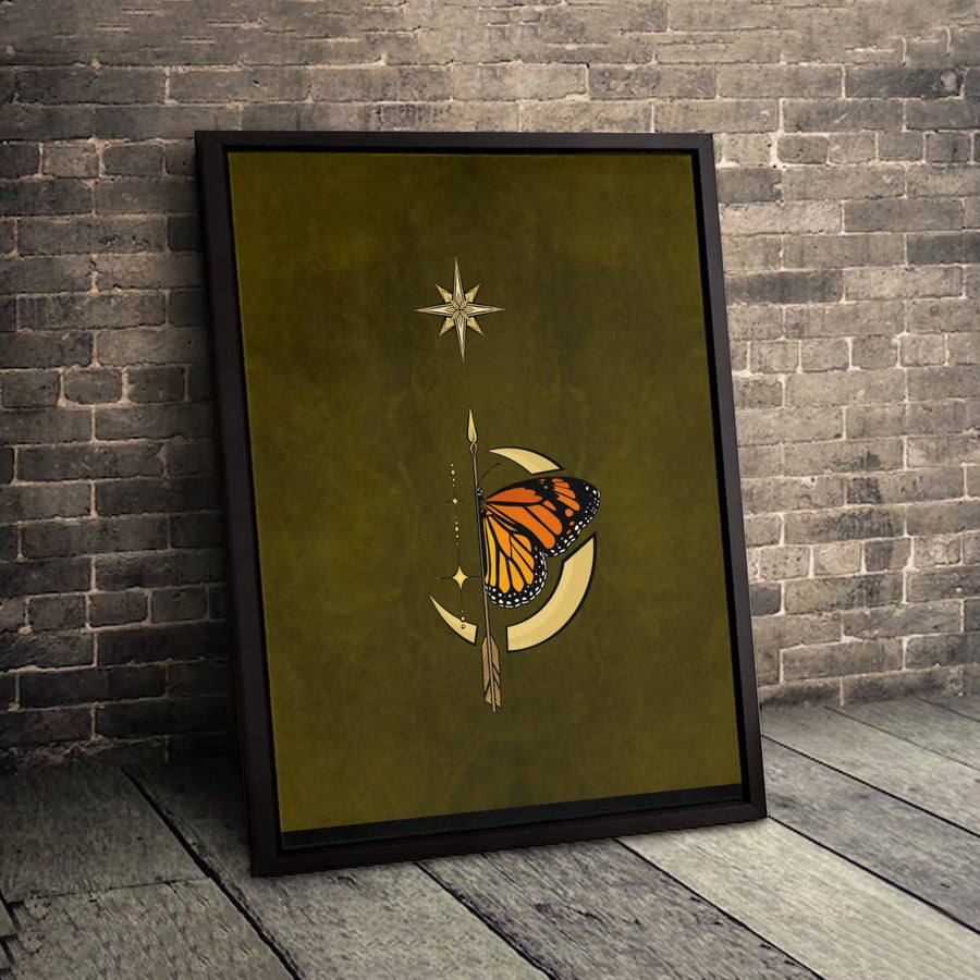 Monarch Butterfly Canvas Art | Crescent Moon And North Star Celestial Wall Decor | Gallery-Wrapped Premium Print | Boho Witchy Aesthetic Home Gift
