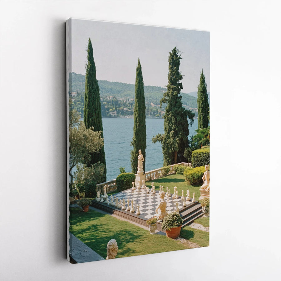 Italian Garden Chessboard Canvas Wall Art | Lakeside Estate Scenery | Premium Gallery Wrap Print | Elegant Home Office Decor Gift