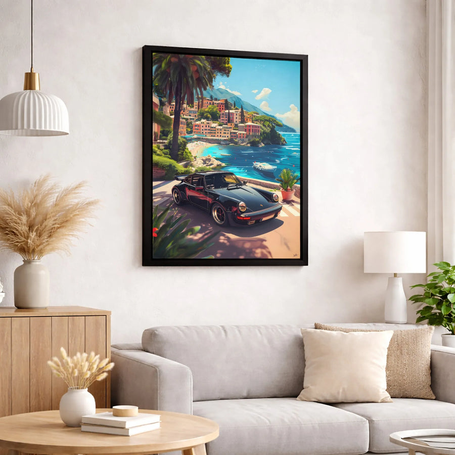 Vintage Sports Car Canvas Wall Art | Italian Riviera Coastal Scene | Premium 1.25 Inch Gallery Wrap | Luxury Car Enthusiast Gift