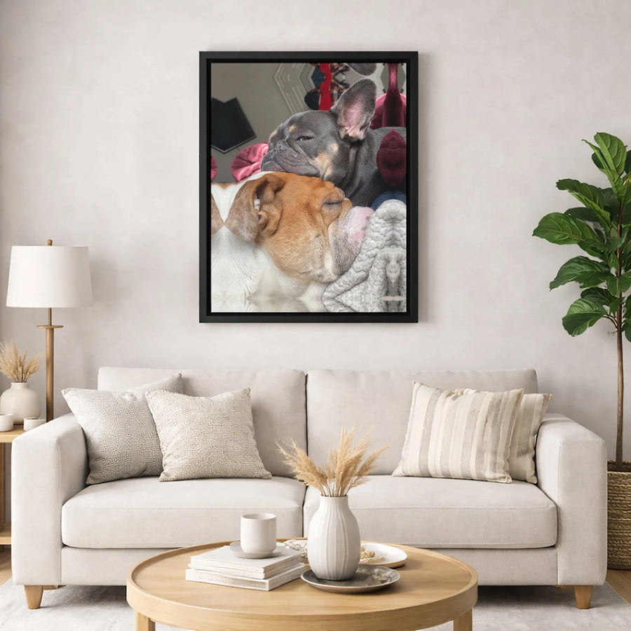 Sleeping Bulldog Canvas Wall Art | Frenchie and English Bulldog Cuddle Print | 1.25 Inch Premium Gallery Wrap | Dog Lover Home Decor Gift