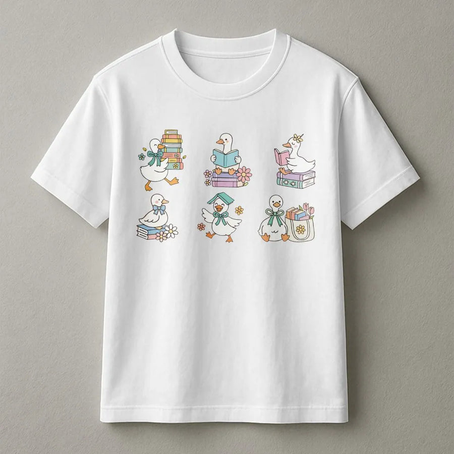 Reading Duck T-Shirt | Cute Bookworm Library Graphic | Soft Cotton Tee | Librarian Teacher Gift for Book Lovers