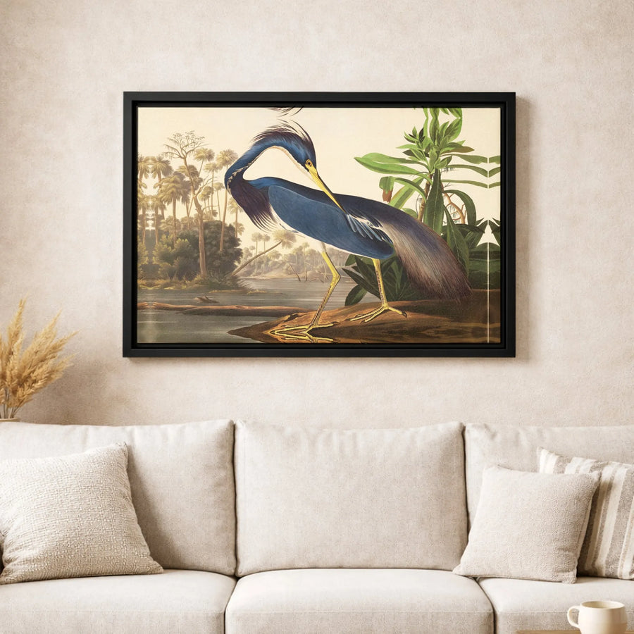 Blue Heron Bird Canvas Print | Vintage Tropical Swamp Wall Art | Gallery Wrapped Premium Material | Coastal Farmhouse Home Decor Gift