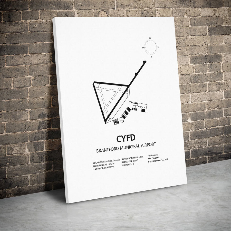 Brantford Municipal Airport Map Canvas | CYFD Runway Diagram Print | Premium Gallery Wrap Wall Art | Aviation Gift for Pilot or Flight Enthusiast