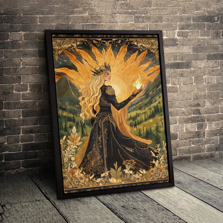 Sun Goddess Fantasy Canvas Wall Art | Art Nouveau Fire Deity Print | 1.25-Inch Premium Gallery Wrap | Mythological Home Decor Gift for Fantasy Lovers