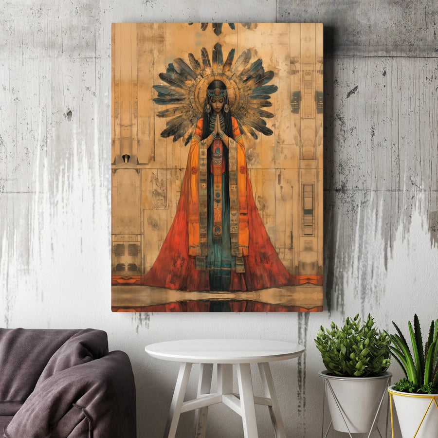 Native American Woman Wall Art | Spiritual Prayer Feather Headdress Print | Premium 1.25-inch Canvas | Artistic Home Decor Gift