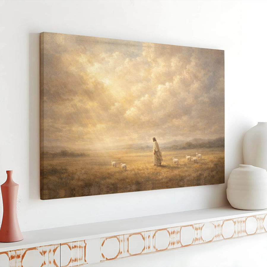 Good Shepherd Jesus Christian Wall Art Horizontal Canvas | Classic Painterly Landscape with Sheep | Fade-Resistant 1.25" Profile | Premium Sacred Collector's Gift for Home Decor