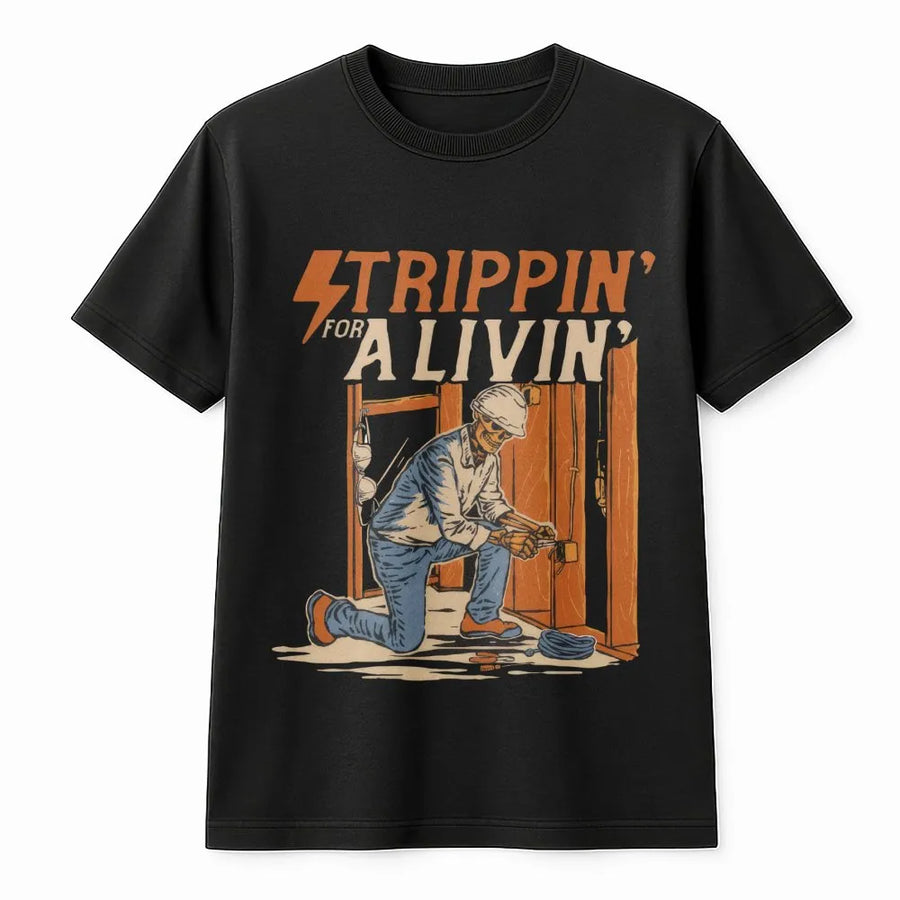 Electrician T-Shirt | Strippin' For A Livin' Funny Skeleton Wiring Graphic | Premium Cotton Crewneck | Unique Gift for Electrical Workers & Linemen