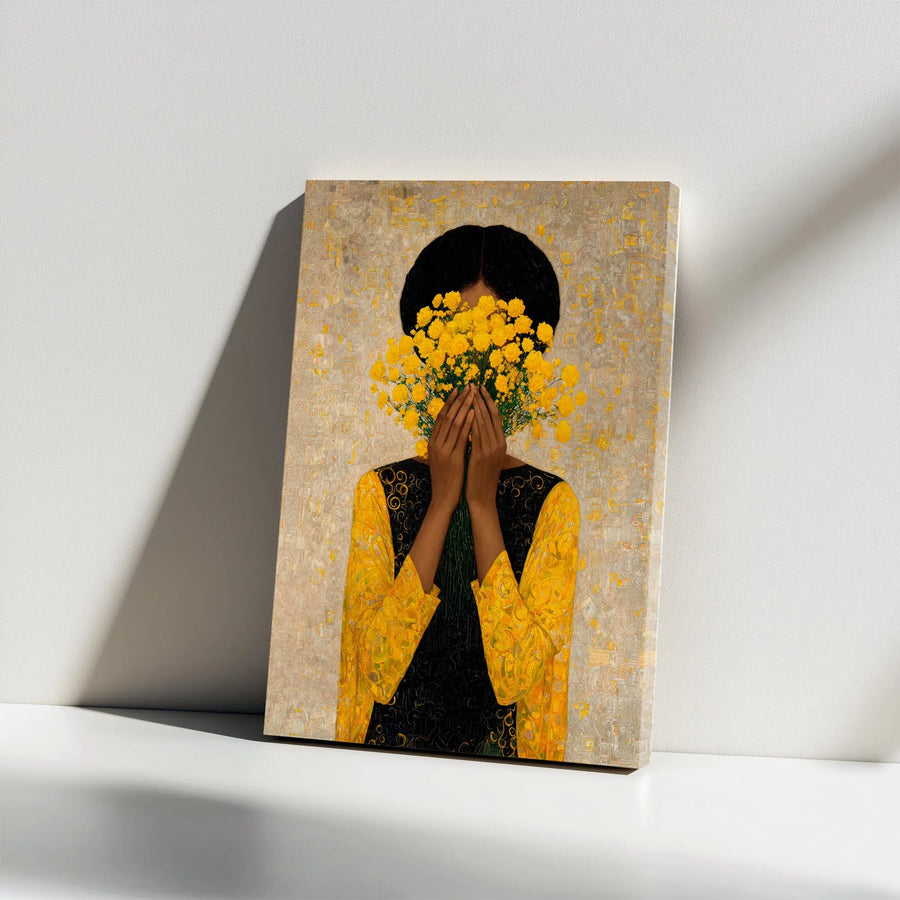 Black Woman with Flowers Canvas Print | Vibrant Yellow Floral Portrait | Premium Gallery Wrapped Canvas | Modern Home Decor Gift for Her