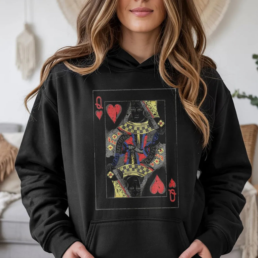 Queen Of Hearts Hoodie | Vintage Playing Card Graphic Print | Soft Cotton-Poly Blend | Streetwear Gift for Card Game Lovers