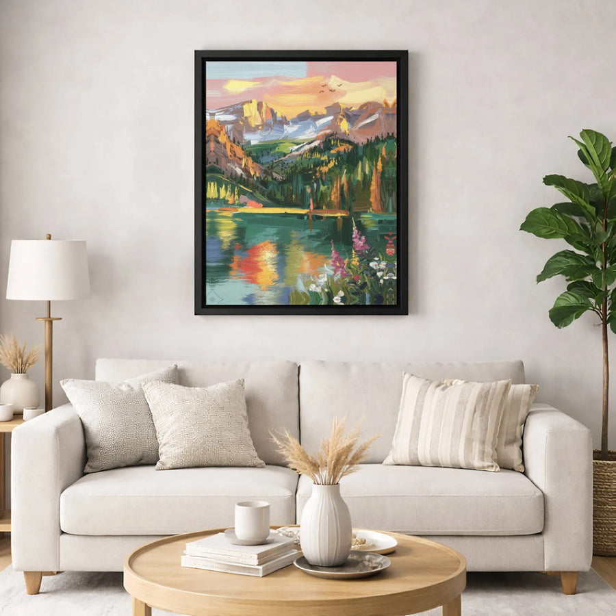 Mountain Lake Canvas Print | Impressionist Wildflower Landscape Art | 1.25" Premium Gallery Wrap | Nature Wall Decor Gift for Nature Lovers