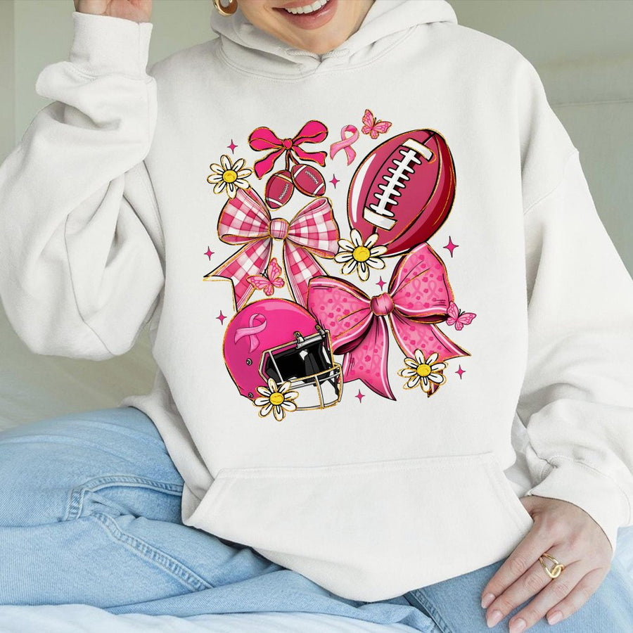 Breast Cancer Awareness Football Hoodie | Preppy Pink Ribbon Bow Design | Premium Cotton-Blend Comfort | Game Day Gift For Her
