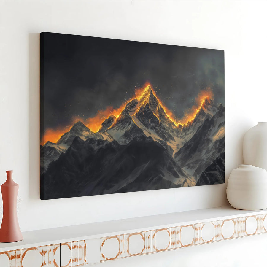 Mountain Landscape Wall Art | Fiery Glowing Peak Canvas Print | 1.25 Inch Gallery Wrap | Modern Nature Home Decor Gift for Adventurers