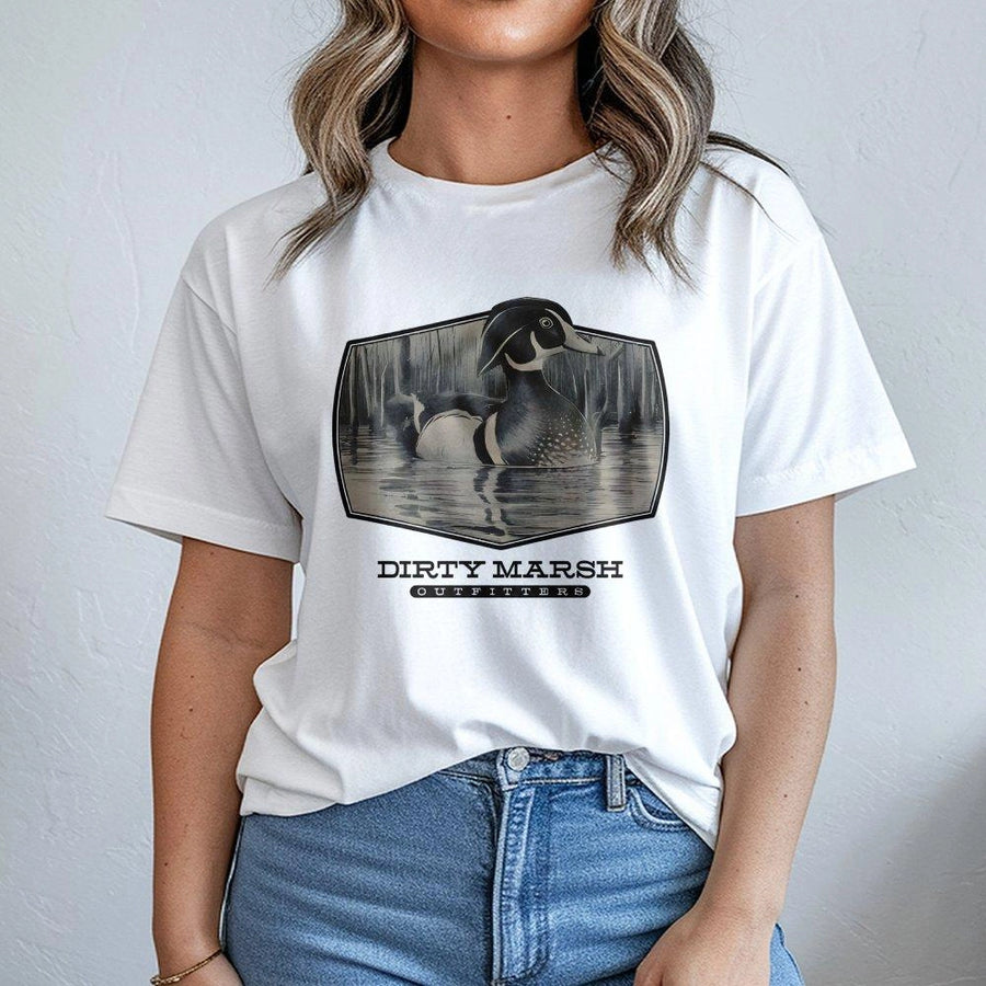 Wood Duck Graphic T-Shirt | Vintage Swamp Wildlife Illustration | Premium 100% Cotton Tee | Gift for Waterfowl Hunters and Outdoorsmen
