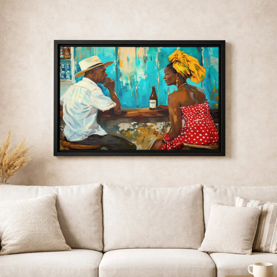 Caribbean Bar Scene Canvas Print | Black Couple Wall Art | Premium 1.25-Inch Gallery Wrap | Island Culture Home Decor Gift